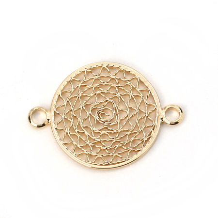 Picture of 2 PCs Brass Connectors Charms Pendants Wholesale Gold Plated Round Disc Filigree 21mm x 15mm