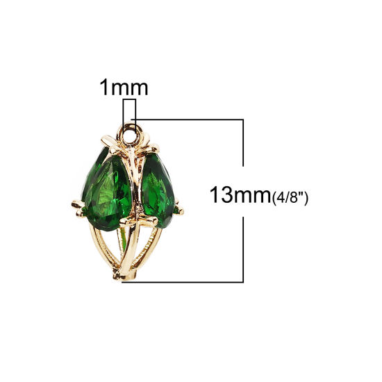 Picture of Brass & Cubic Zirconia Charms Marquise Gold Plated Green Drop 13mm( 4/8") x 9mm( 3/8"), 2 PCs