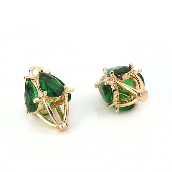 Picture of Brass & Cubic Zirconia Charms Marquise Gold Plated Green Drop 13mm( 4/8") x 9mm( 3/8"), 2 PCs