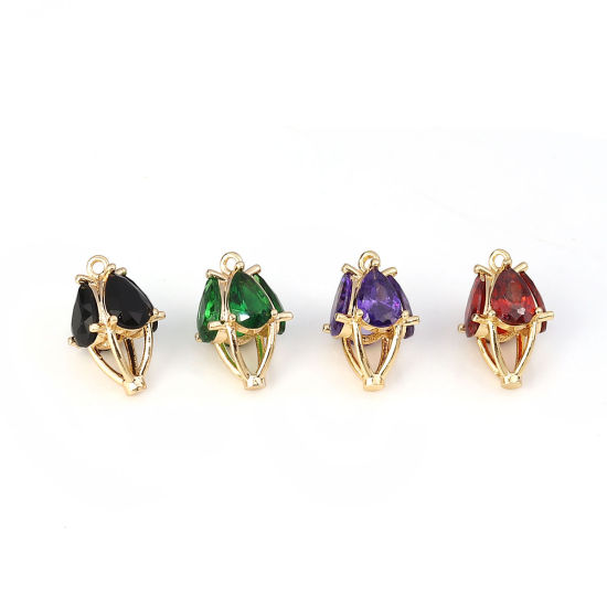 Picture of Brass & Cubic Zirconia Charms Marquise Gold Plated Green Drop 13mm( 4/8") x 9mm( 3/8"), 2 PCs