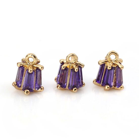 Image de Breloques en Laiton & Zirconia Cubique Fleur Doré Bleu Violet Rectangle 7mm x 5mm, 2 Pcs