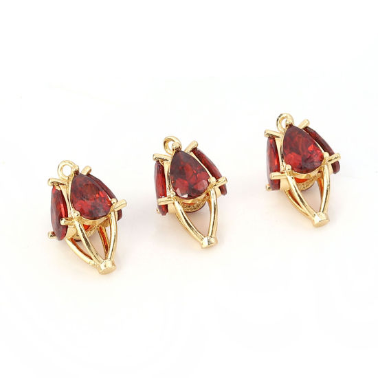 Picture of Brass & Cubic Zirconia Charms Marquise Gold Plated Red Drop 13mm( 4/8") x 9mm( 3/8"), 2 PCs