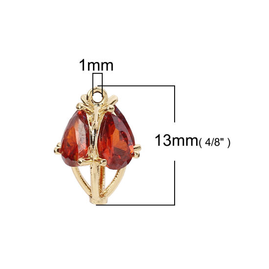 Picture of Brass & Cubic Zirconia Charms Marquise Gold Plated Red Drop 13mm( 4/8") x 9mm( 3/8"), 2 PCs