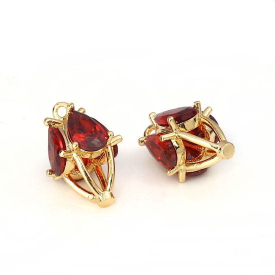 Picture of Brass & Cubic Zirconia Charms Marquise Gold Plated Red Drop 13mm( 4/8") x 9mm( 3/8"), 2 PCs