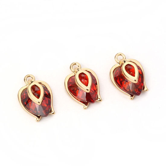 Image de Breloques en Laiton & Zirconia Cubique Goutte d'Eau Doré Rouge 12mm x 8mm, 2 Pcs