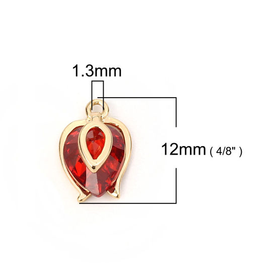 Image de Breloques en Laiton & Zirconia Cubique Goutte d'Eau Doré Rouge 12mm x 8mm, 2 Pcs