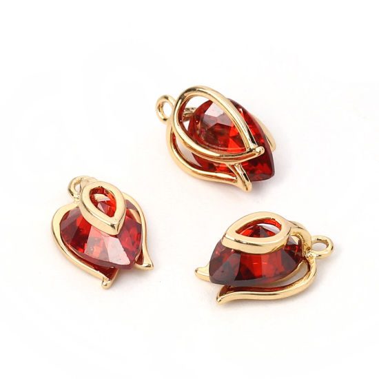 Image de Breloques en Laiton & Zirconia Cubique Goutte d'Eau Doré Rouge 12mm x 8mm, 2 Pcs