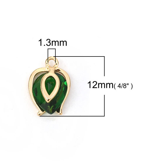 Image de Breloques en Laiton & Zirconia Cubique Goutte d'Eau Doré Vert 12mm x 8mm, 2 Pcs