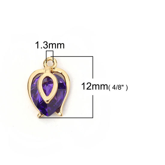 Image de Breloques en Laiton & Zirconia Cubique Goutte d'Eau Doré Bleu Violet 12mm x 8mm, 2 Pcs