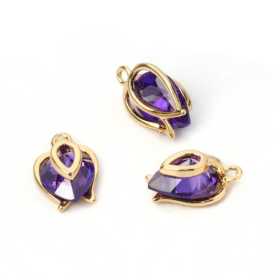 Image de Breloques en Laiton & Zirconia Cubique Goutte d'Eau Doré Bleu Violet 12mm x 8mm, 2 Pcs