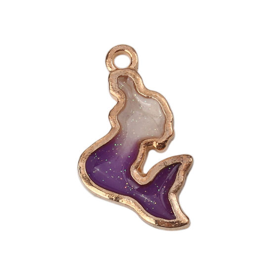 Picture of Zinc Based Alloy Charms Mermaid Gold Plated Purple Enamel Glitter 22mm( 7/8") x 13mm( 4/8"), 10 PCs