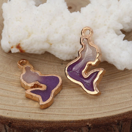 Picture of Zinc Based Alloy Charms Mermaid Gold Plated Purple Enamel Glitter 22mm( 7/8") x 13mm( 4/8"), 10 PCs