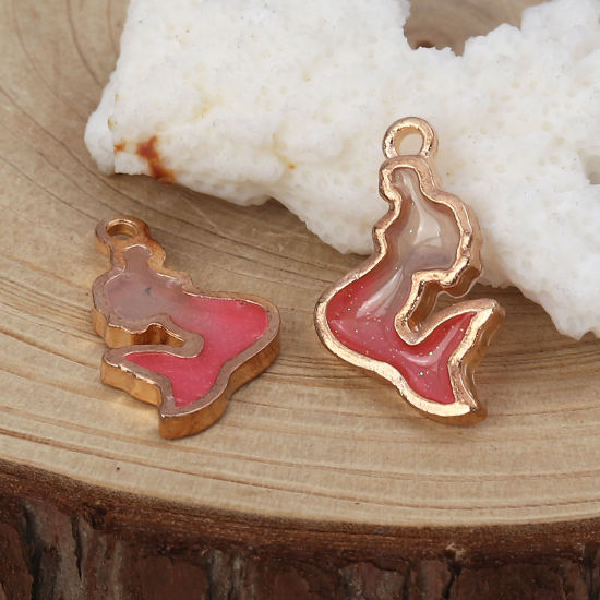 Picture of Zinc Based Alloy Charms Mermaid Gold Plated Pink Enamel Glitter 22mm( 7/8") x 13mm( 4/8"), 10 PCs