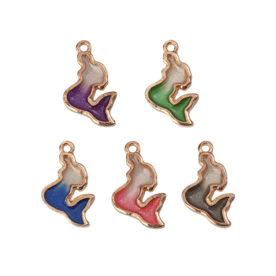 Picture of Zinc Based Alloy Charms Mermaid Gold Plated Pink Enamel Glitter 22mm( 7/8") x 13mm( 4/8"), 10 PCs
