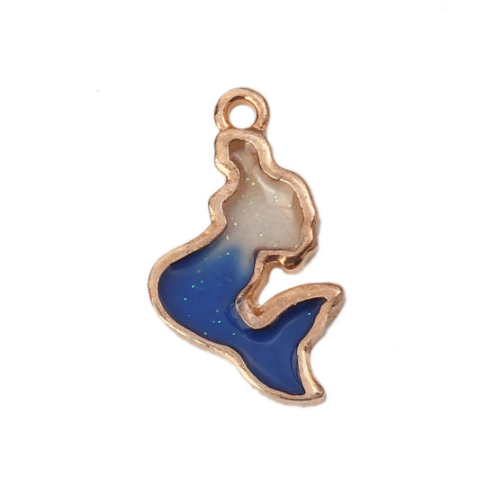Picture of Zinc Based Alloy Charms Mermaid Gold Plated Deep Blue Enamel Glitter 22mm( 7/8") x 13mm( 4/8"), 10 PCs