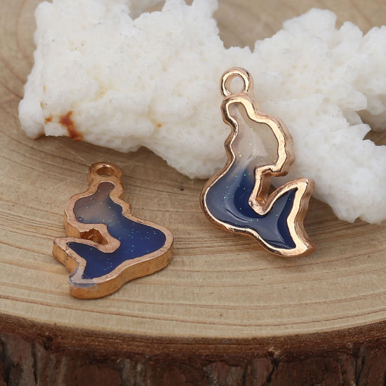 Picture of Zinc Based Alloy Charms Mermaid Gold Plated Deep Blue Enamel Glitter 22mm( 7/8") x 13mm( 4/8"), 10 PCs