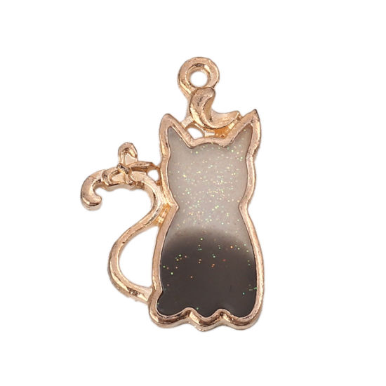 Immagine di Lega di Zinco Charms Gatto Oro Placcato Nero Smalto 26mm x 17mm , 10 Pz