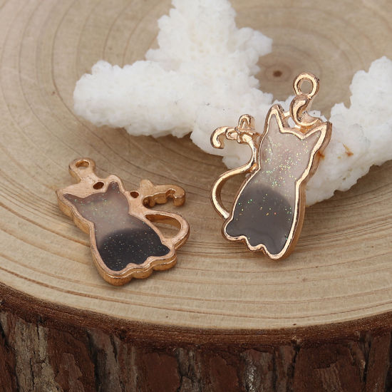 Immagine di Lega di Zinco Charms Gatto Oro Placcato Nero Smalto 26mm x 17mm , 10 Pz