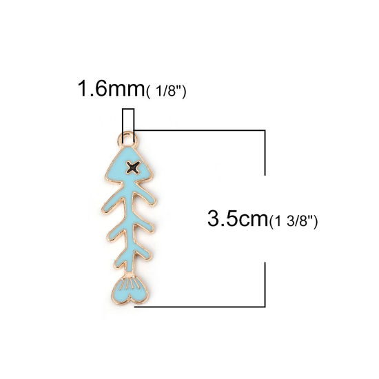 Immagine di Lega di Zinco Gioielli Oceanici Ciondoli Osso di Pesce Oro Placcato Blu Smalto 35mm x 11mm , 20 Pz
