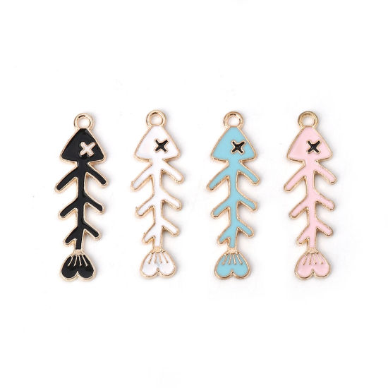 Immagine di Lega di Zinco Gioielli Oceanici Ciondoli Osso di Pesce Oro Placcato Blu Smalto 35mm x 11mm , 20 Pz