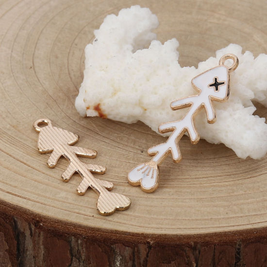 Immagine di Lega di Zinco Gioielli Oceanici Ciondoli Osso di Pesce Oro Placcato Blu Smalto 35mm x 11mm , 20 Pz