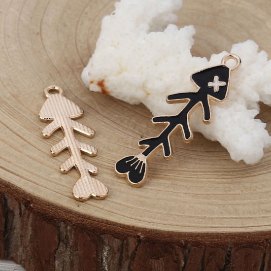 Immagine di Lega di Zinco Gioielli Oceanici Ciondoli Osso di Pesce Oro Placcato Blu Smalto 35mm x 11mm , 20 Pz