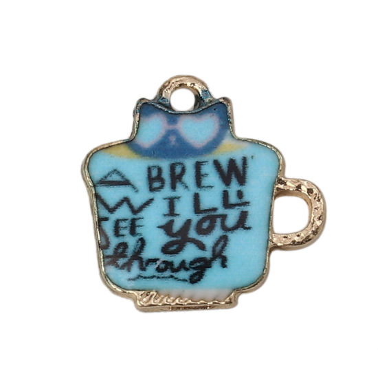 Picture of Zinc Based Alloy Charms Cup Gold Plated Blue Message Enamel 15mm( 5/8") x 14mm( 4/8"), 10 PCs