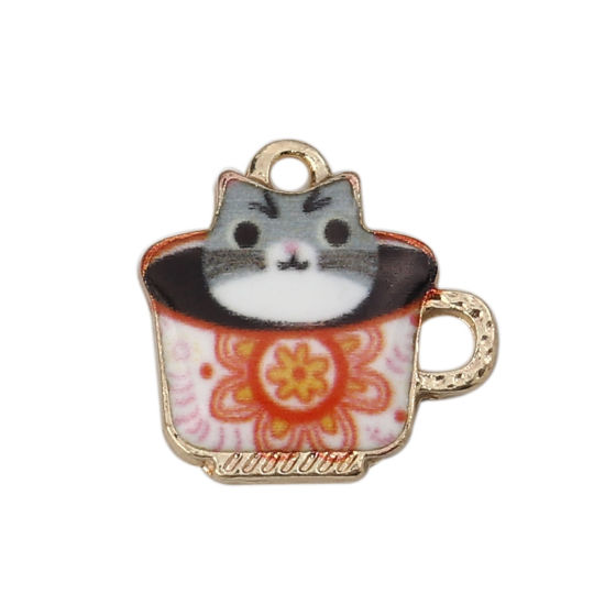 Bild von Zinklegierung Charms Glas Vergoldet Bunt Katze Emaille 15mm x 14mm, 10 Stück