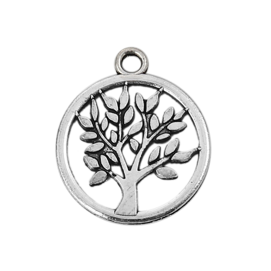 Picture of Zinc Based Alloy Charms Round Antique Silver Color Tree 20mm( 6/8") x 17mm( 5/8"), 50 PCs