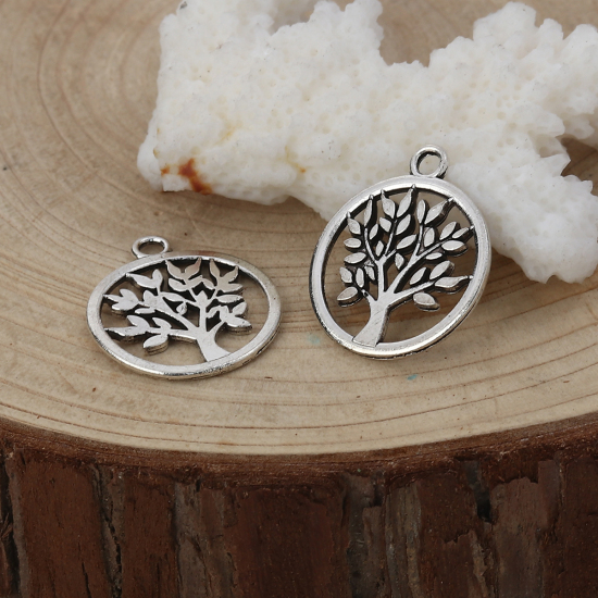 Picture of Zinc Based Alloy Charms Round Antique Silver Color Tree 20mm( 6/8") x 17mm( 5/8"), 50 PCs