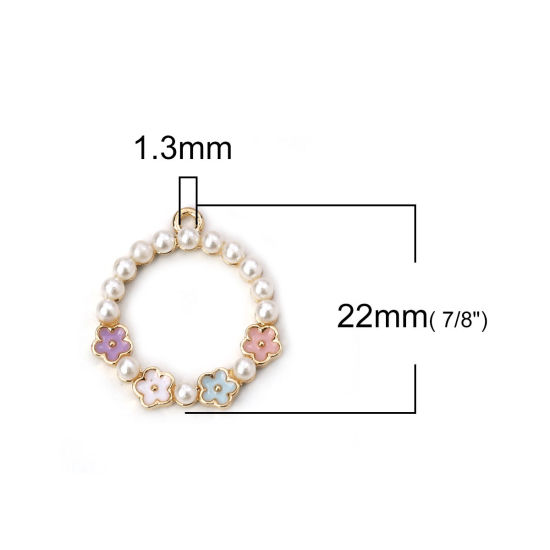 Picture of Zinc Based Alloy Charms Circle Ring Gold Plated White Flower Imitation Pearl Enamel 22mm( 7/8") x 20mm( 6/8"), 5 PCs