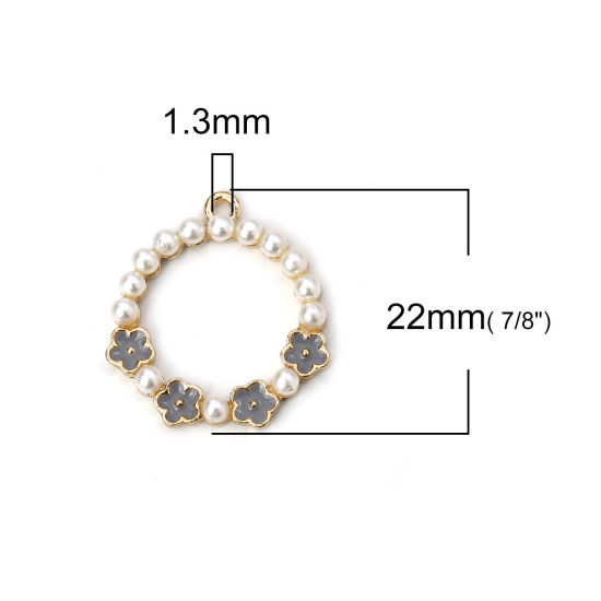 Picture of Zinc Based Alloy Charms Circle Ring Gold Plated Gray Flower Imitation Pearl Enamel 22mm( 7/8") x 20mm( 6/8"), 5 PCs
