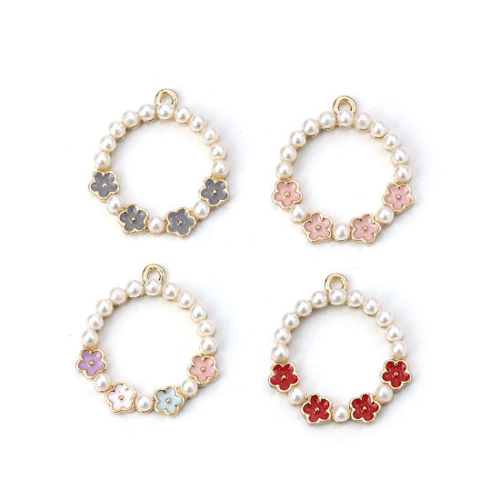 Picture of Zinc Based Alloy Charms Circle Ring Gold Plated Gray Flower Imitation Pearl Enamel 22mm( 7/8") x 20mm( 6/8"), 5 PCs