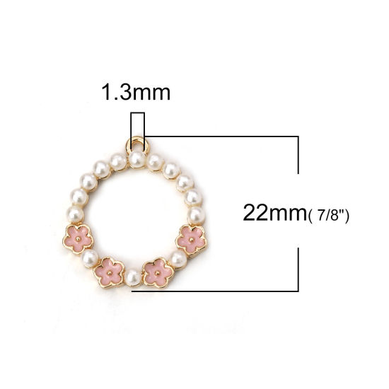 Picture of Zinc Based Alloy Charms Circle Ring Gold Plated Pink Flower Imitation Pearl Enamel 22mm( 7/8") x 20mm( 6/8"), 5 PCs