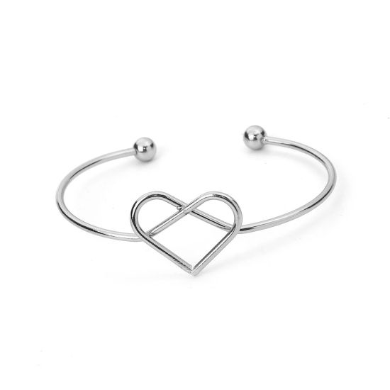 Picture of Iron Based Alloy Open Cuff Bangles Bracelets Heart Silver Tone 17.5cm(6 7/8") long, 3 PCs