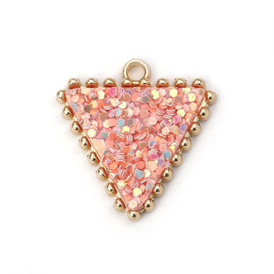 Picture of Zinc Based Alloy Paillette Sequin Charms Triangle Gold Plated Pink AB Color 21mm( 7/8") x 20mm( 6/8"), 5 PCs