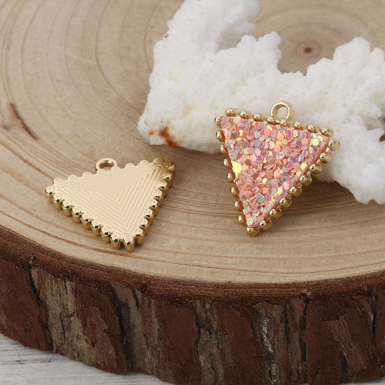 Picture of Zinc Based Alloy Paillette Sequin Charms Triangle Gold Plated Pink AB Color 21mm( 7/8") x 20mm( 6/8"), 5 PCs