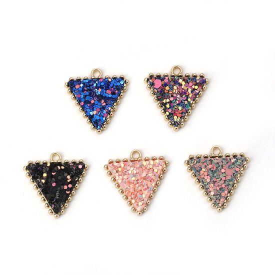 Picture of Zinc Based Alloy Paillette Sequin Charms Triangle Gold Plated Pink AB Color 21mm( 7/8") x 20mm( 6/8"), 5 PCs