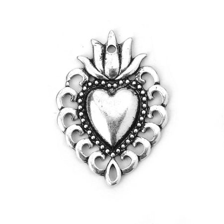 Picture of Zinc Based Alloy Charms Ex Voto Heart Antique Silver Color 29mm x 21mm, 10 PCs