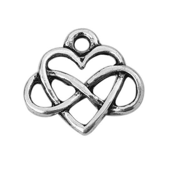 Picture of Zinc Based Alloy Charms Heart Antique Silver Color Infinity Symbol 15mm( 5/8") x 14mm( 4/8"), 30 PCs