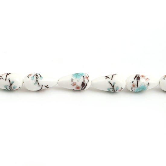 Image de Perles en Céramique Goutte d'Eau Vert Clair Fleurs 20mm x 11mm - 20mm x 10mm, Trou: 1.6mm, 32.5cm long, 2 Enfilades (Env. 16 Pcs/Enfilade)