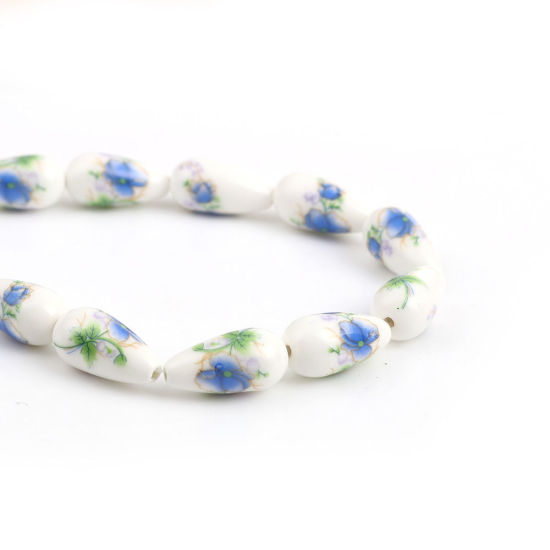 Picture of Ceramic Beads Drop Light Green Flower About 20mm x11mm - 20mm x10mm, Hole: Approx 1.6mm, 32.5cm long, 2 Strands (Approx 16 PCs/Strand)
