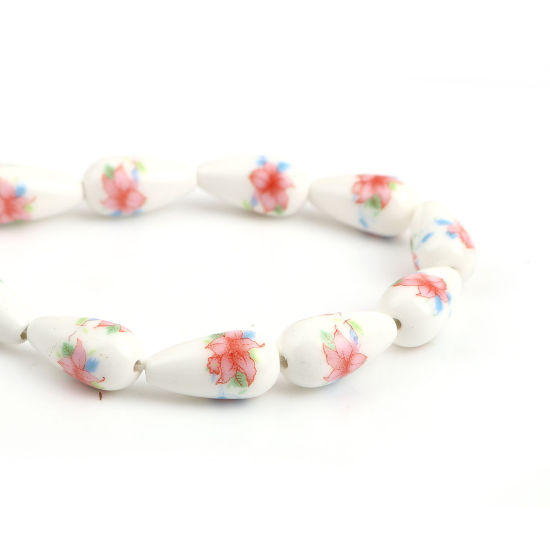 Picture of Ceramic Beads Drop Pink Flower About 20mm x11mm - 20mm x10mm, Hole: Approx 1.6mm, 32.5cm long, 2 Strands (Approx 16 PCs/Strand)