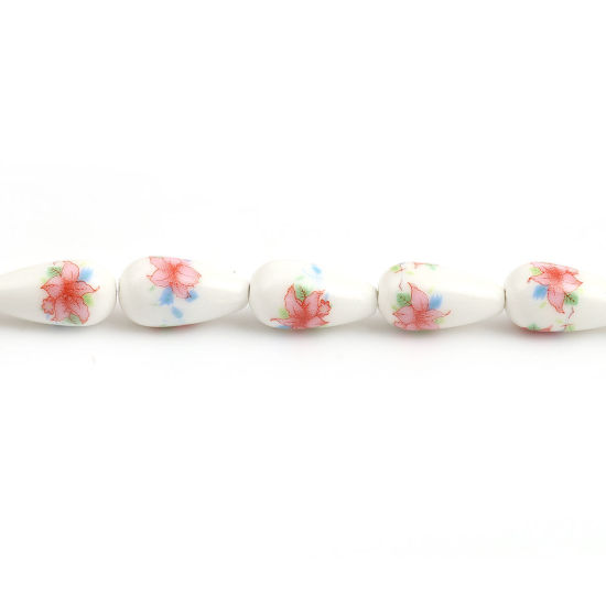 Image de Perles en Céramique Goutte d'Eau Rose Fleurs 20mm x 11mm - 20mm x 10mm, Trou: 1.6mm, 32.5cm long, 2 Enfilades (Env. 16 Pcs/Enfilade)
