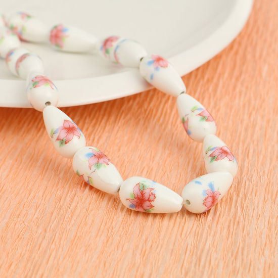 Picture of Ceramic Beads Drop Pink Flower About 20mm x11mm - 20mm x10mm, Hole: Approx 1.6mm, 32.5cm long, 2 Strands (Approx 16 PCs/Strand)