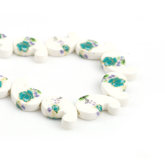 Picture of Ceramic Beads Comma Green Flower About 21mm x 13mm, Hole: Approx 1.8mm, 35cm long, 1 Strand (Approx 20 PCs/Strand)