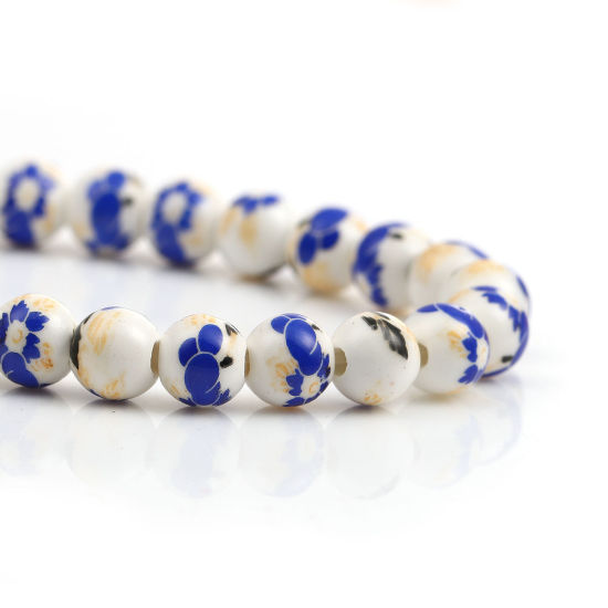 Picture of Ceramic Beads Round Royal Blue Flower About 9mm Dia. - 8mm Dia., Hole: Approx 2mm, 30.5cm long, 1 Strand (Approx 40 PCs/Strand)