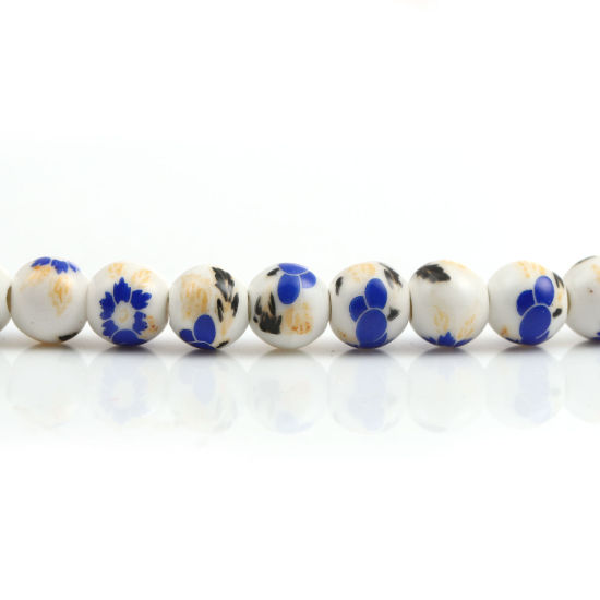 Image de Perles en Céramique Rond Saphir Fleurs 9mm Dia - 8mm Dia, Trou: 2mm, 30.5cm long, 1 Enfilade (Env. 40 Pcs/Enfilade)