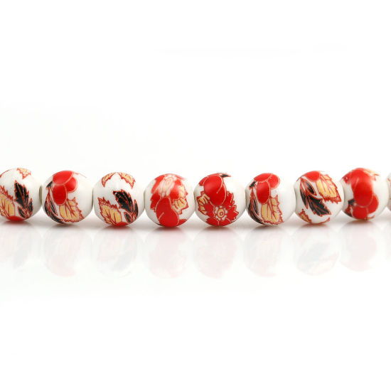 Bild von Keramik Perlen Rund Rot Blumen ca. 9mm D. - 8mm D., Loch:ca. 2mm, 30.5cm lang, 1 Strang (ca. 40 Stück/Strang)