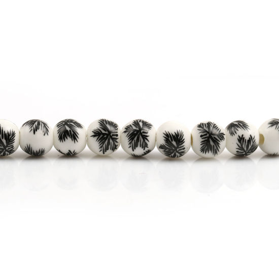 Image de Perles en Céramique Rond Noir Fleurs 9mm Dia - 8mm Dia, Trou: 2mm, 30.5cm long, 1 Enfilade (Env. 40 Pcs/Enfilade)
